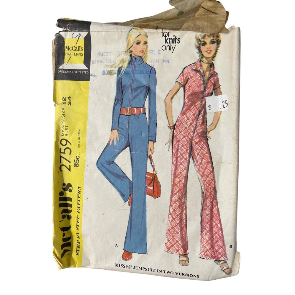 70s McCalls 2759 Misses Jumpsuit Sewing Pattern Size 12 For Knits Only Retro CUT